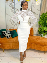 AOMEI White Bodycon Lace Dress Women High Neck See Through Deep V Long Sleeve Elegant Midi Robes Party Evening Wedding Event New