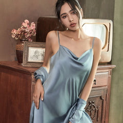 Sling nightdress women's summer ice and snow silk sexy nightgown two-piece set large size home service