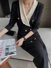 Autumn French classic large lapel color contrast dress female A-line mid-length skirt