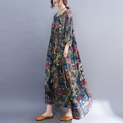 Summer new product, artistic retro, age-reducing fat mm 200 pounds short-sleeved large printed dress cotton