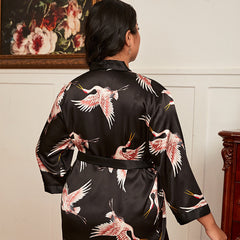 Spring and summer large size sexy silk nightgown printed home service pajamas sexy cardigan tie bathrobe