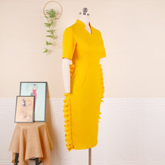 Women Bodycon Dress Short Sleeve High Waist V Neck Ruffles Office Lady Classy Work Wear Evening Party Robe Plus Size Summer New
