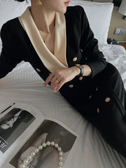 Autumn French classic large lapel color contrast dress female A-line mid-length skirt