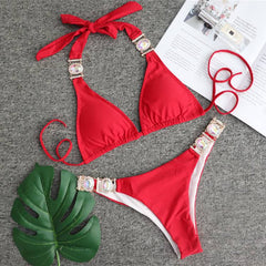 Sports Bikini Crystal Diamond Bandage Red Split Female Swimsuit High Waist Two piece Pure Color Halter Bikini