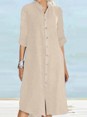 ZANZEA Spring Fashion Midi Shirtdress Stand Collar Long Sleeve Pure Cotton Dress Elegant Loose Sundress Ladies OL Work Vestidos