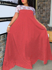 VONDA Elegant Dresses For Women 2022 Random Printed O Neck Short Sleeve Spliced Lace A-Line Vestidos Bohemian Party Casual Plus Size Long Dresses