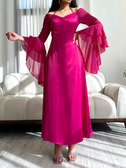 Rose Red Elegant Chiffon Ruffle Sleeve Dress With Strap