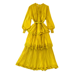Light and familiar style retro long-sleeved round neck lace splicing waist and thin A-line pleated dress elegant big long skirt