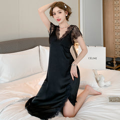 ثوب نوم حرير الجليد للنساء أوائل ربيع 2023 بيجامة جديدة مثيرة من الدانتيل الفرنسي بدون ظهر بأكمام قصيرة من المصنع بالجملة