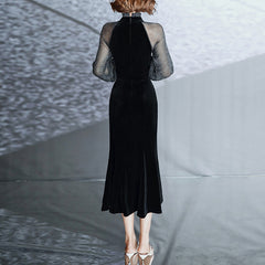 Ladies mid-length long-sleeved slim fishtail party dress velvet see-through sleeve party evening dress