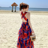 Backless Printed Dresses for Women Summer High Waist Beach Holiday Dresses for Women Party Night Boho Elegant Vintage Robes for Women