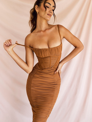 Double Layers Mesh Sexy Summer Dress Women 2022 Strapless Long Sleeve Bodycon Midi Dresses Solid Elegant Party Clubwear