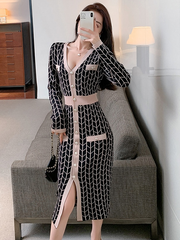 Fashion Women Vintage V-Neck Single-breasted Midi Knitted Dress Elegant Streetwear Plaid Bodycon Skinny Sweater Female Dress