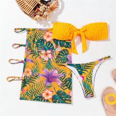 Sexy Printed Bandeau   Swimsuit Women Swimwear Three-Pieces Bikinis Set Summer Female Strapless Lace Up Swim Bathing Suits