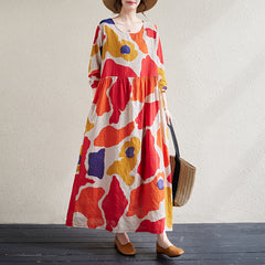 Autumn new middle-aged and elderly mother's wear ethnic style round neck long-sleeved abstract print dress for women