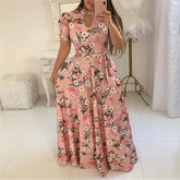 Elegant Hollow Design Short Sleeve Dress Ladies Summer Flower Leopard Print Casual Slim Belt Robe