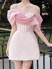 Vintage Pink Dress Women Diamond Strapped Spaghetti Elegant Mini Dress Bodycon Sleeveless High Waisted Women's Clothing Ruffles