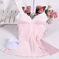 Night Sleep Halter Dress Women Underwear Lingerie Sling Lace V Neck Nightdress Sleeveless Satin Silk Nightgown