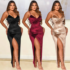 European and American dress women's sexy suspenders solid color velvet irregular long skirt