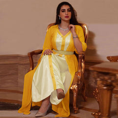 طقم عباية نسائيتين مسلمتين من الساتان فستان طويل مع كيمونو شيفون قفطان مغربي زي عربي