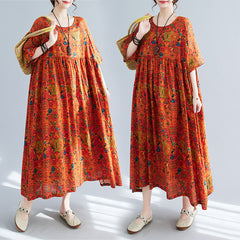 Thin and comfortable casual fat mm large size women's literary retro dress 2023 summer new national style round neck pullover short-sleeved dress