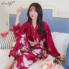 Oversize M 5XL Womens Long Sleeve Trousers Pyjamas Silk Satin Pajamas Sets Sleepwear Nightgown Suit Robe Bath Gown Sleepshirts