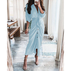 Long Sleeve V Neck Button Print Dress Long Dress Women's