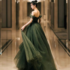 Banquet evening dress performance costume tutu skirt Mori green one-shoulder white and thin concert dress dress