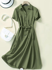 ZANZEA Women Elegant Dresses Solid Turn-Down-Collar Short Sleeve Mid-Calf Length Dress Fashion Holiday Casual Loose Ladies Vestido