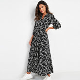 Aachoae Vintage Floral Print Maxi Dress Women Boho Three Quarter Sleeve Long Dress Turn Down Collar Casual Shirt Dresses Robe