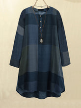 ZANZEA ladies Japanese and Korean literary style temperament dark plaid print style ladies short skirt round neck long sleeve simple mid-length skirt fashion trend loose spring and summer daily leisure vacation style mid-length plaid dress large size