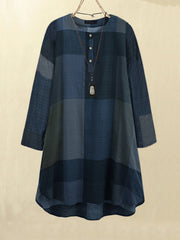 ZANZEA ladies Japanese and Korean literary style temperament dark plaid print style ladies short skirt round neck long sleeve simple mid-length skirt fashion trend loose spring and summer daily leisure vacation style mid-length plaid dress large size