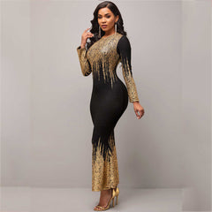 Casual urban women's clothing literary retro mid-waist round neck printing long-sleeved one-step skirt fishtail slim dress dress