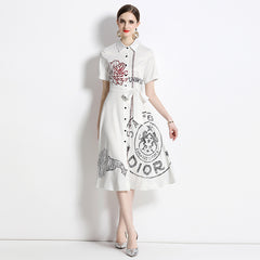 European and American fashion all-match slim waist positioning print dress