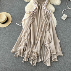 French design strappy ruffled dress women's waist irregular skirt evening dress skirt
