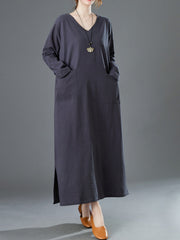 Ladies spring new retro cotton and linen V-neck plus fat to increase long-sleeved dress robe