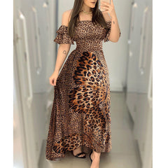 فستان نسائي أوروبي وأمريكي بطباعة الفراشة، طباعة الفهد، مشد بكتف واحد، فستان سهرة كبير، تنورة طويلة بأكمام ورقة اللوتس