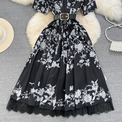 High-end light luxury temperament short-sleeved V-neck waist slimming lace stitching printed A-line dress elegant long skirt