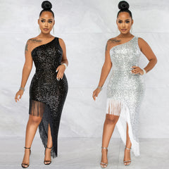 European and American women's dresses with oblique shoulders and puff sleeves, sexy dresses with hips