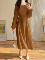ZANZEA Women Long Puff Sleeve Dress Elegant Square Collar Maxi Vestido Fashion Bandage Waisted Long Robe Casual Solid Dress