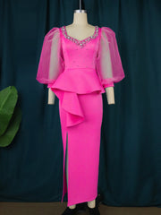 فستان أنيق برقبة مربعة مطرز وأكمام فانوس شفافة وتنورة بخطوة واحدة