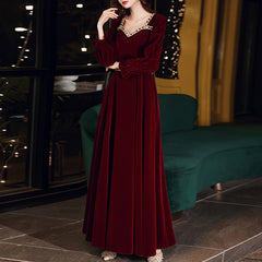 Ladies Long Long Sleeve Velvet Evening Dress Fashion Party Dress Maroon Dress Black Dress