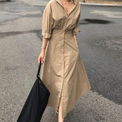 ZANZEA ladies Japanese and Korean art style solid color simple lady and ankle skirt lapel long sleeve waist waist design shirt skirt fashion trend elegant long skirt spring and autumn daily leisure vacation style A-line shirt dress large size
