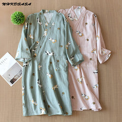 NHKDSASA 2021 New Women's 100% Cotton Gauze Cute Robe SPA Yukata Japanese Kimono Pajamas Robe V-Neck Pajamas Bathrobe