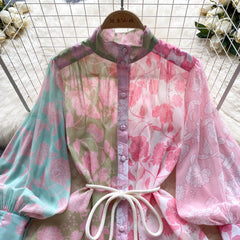 Spring and summer thin section French style high-end sense stand-up collar single-breasted lantern long-sleeved tie-up waist and large printed d