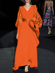 VONDA Elegant Satin Maxi Dress Women Long Lantern Sleeve Patchwork Sundress 2023 Summer Sexy V-Neck Evening Party Vestido Belted