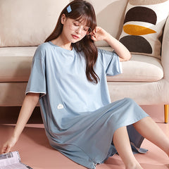 Nightdress women's summer cotton short-sleeved cardigan front button mid-length over-the-knee dress sweet and cute pajamas
