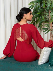Red Elegant Neck Tassel Open Back Slit Waist Bag Gown Dress