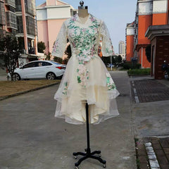 Ladies V-neck Sleeve Embroidered Applique Front Short Back Long Banquet Party Dress L282