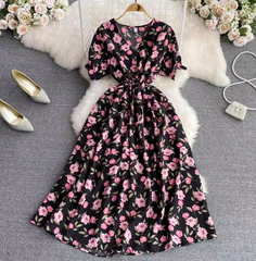 Spring and summer new women's gentle wind V-neck waist slimming a-line elegant temperament floral long dress
